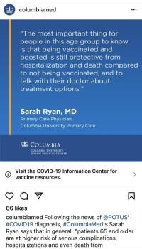 Screenshot of a post about COVID-19 vaccines from the Columbia Medicine Instagram account